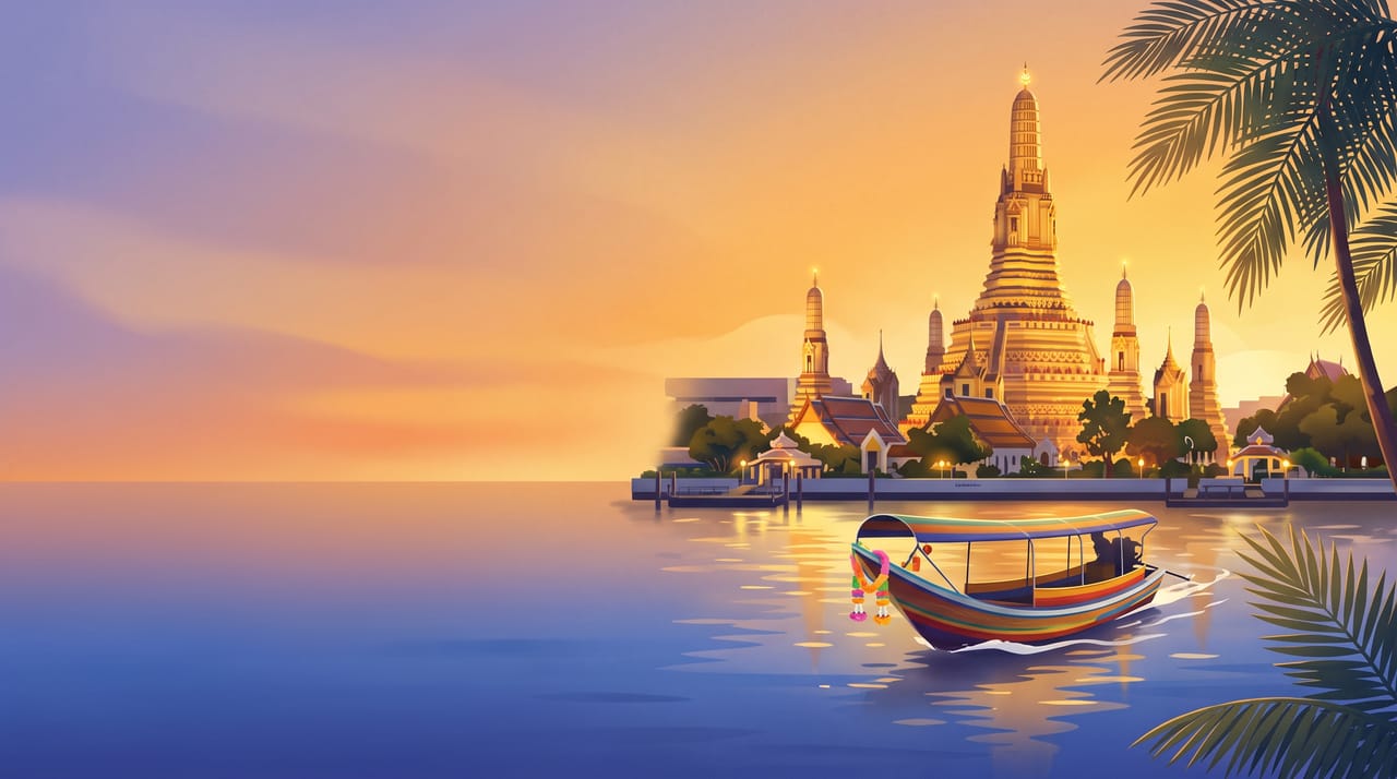 ภาพวาดวัดอรุณยามพระอาทิตย์ตกกับเรือหางยาวบนแม่น้ำเจ้าพระยา กรุงเทพฯ ประเทศไทย